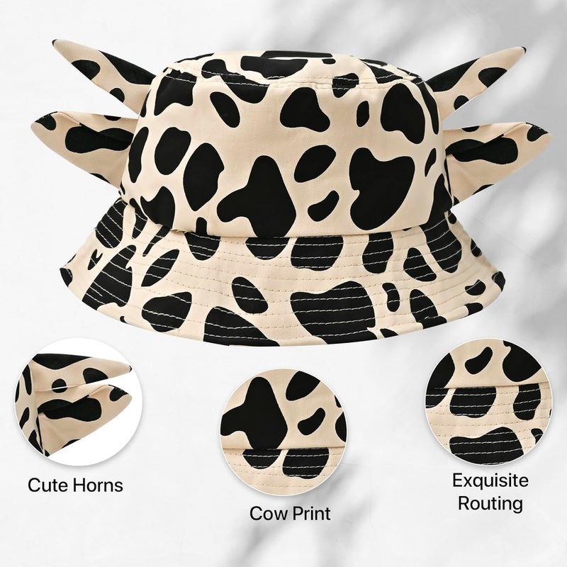 QANQIUPLE Cow Print Bucket Hat with Cute Horn Ears Cow Print Summer Beach Sun Hat Fisherman's Cow Bucket Hat - Image 3